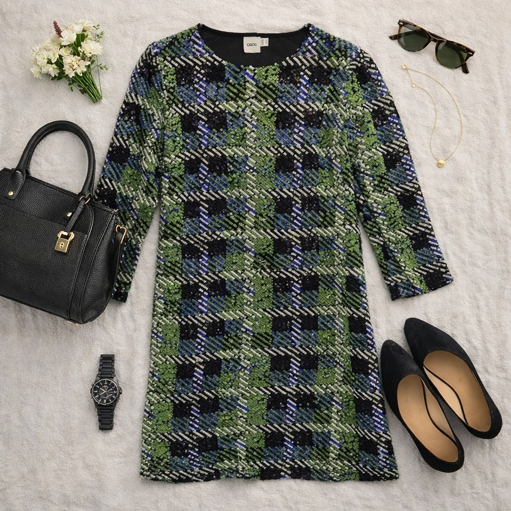 ASOS All Sequin Lined Mini Dress 3/4 Sleeve Lome Green Blue Black. Ladies 2